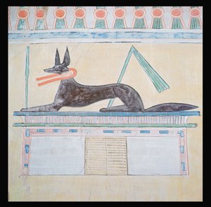Anubi, dio egizio dei morti, sdraiato su un sarcofago, pittura murale nel Tempio della Valle della Piramide di Menkaura, Antico Regno, c.2613-2494 a.C.